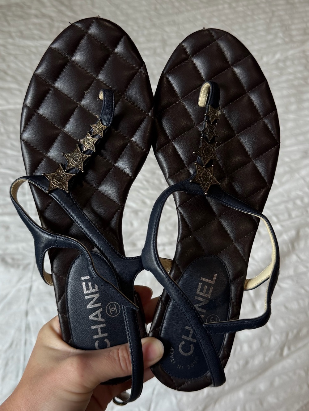 Chanel Quilted Leather T-Strap Sandals in navy and brown